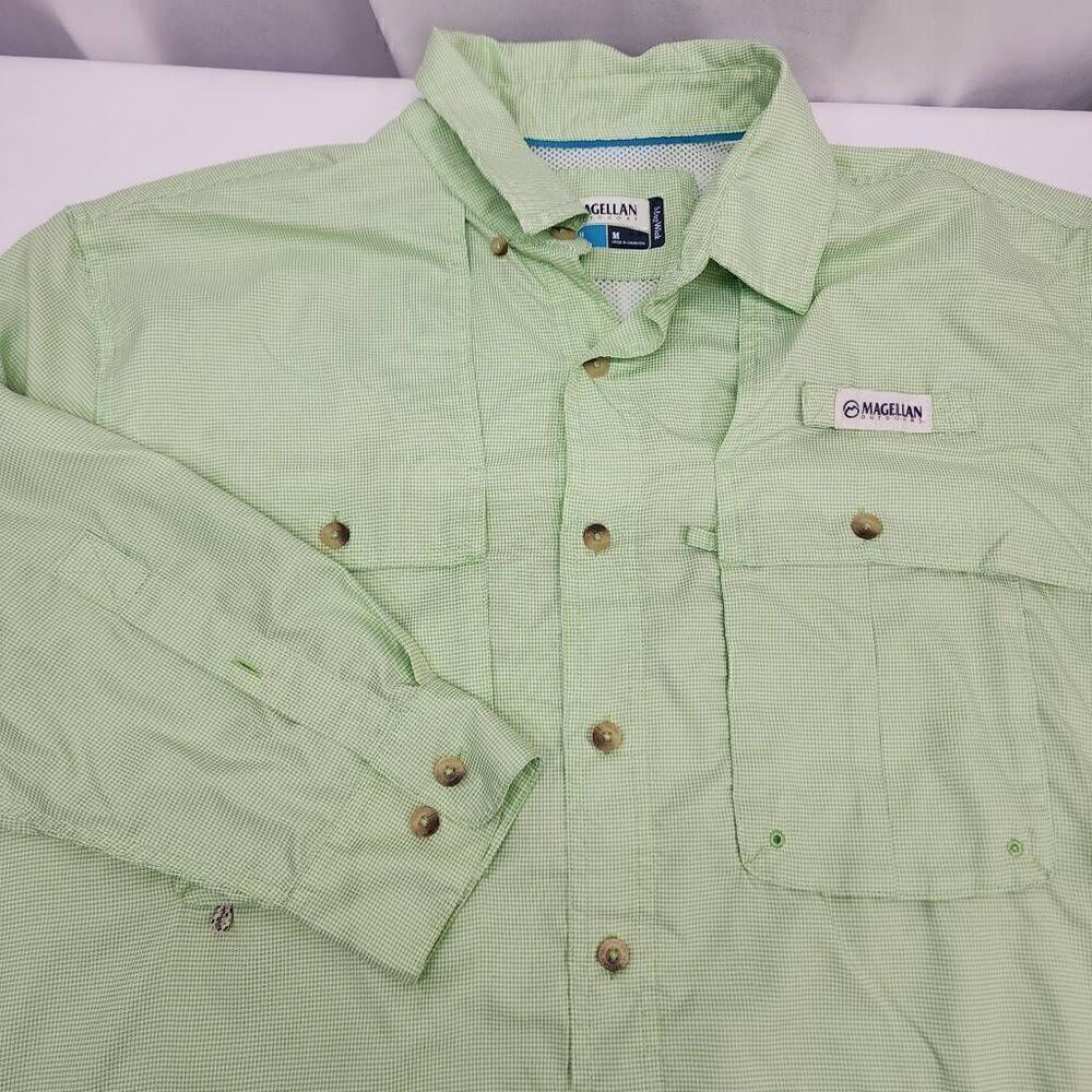 Magellan Size M Long-Sleeve Lightweight Button-up Gingham Green Mens Shirt G15